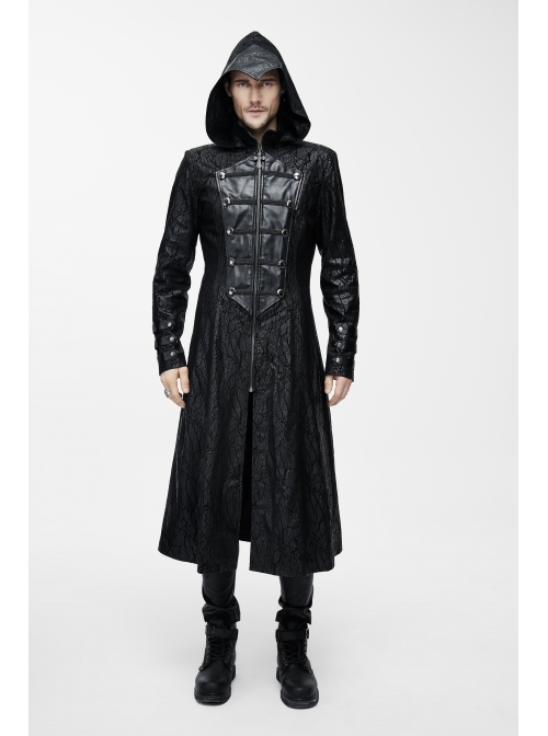 Punk Hooded Removeable One Side Shawl  Gothic Patterned Leather Collar Tree Patterned Glued Suede Men Black Coat