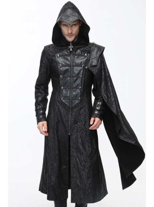 Punk Hooded Removeable One Side Shawl  Gothic Patterned Leather Collar Tree Patterned Glued Suede Men Black Coat