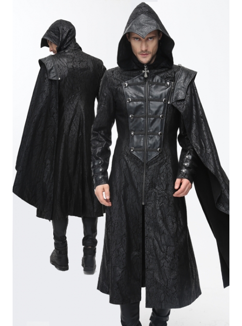 Punk Hooded Removeable One Side Shawl  Gothic Patterned Leather Collar Tree Patterned Glued Suede Men Black Coat