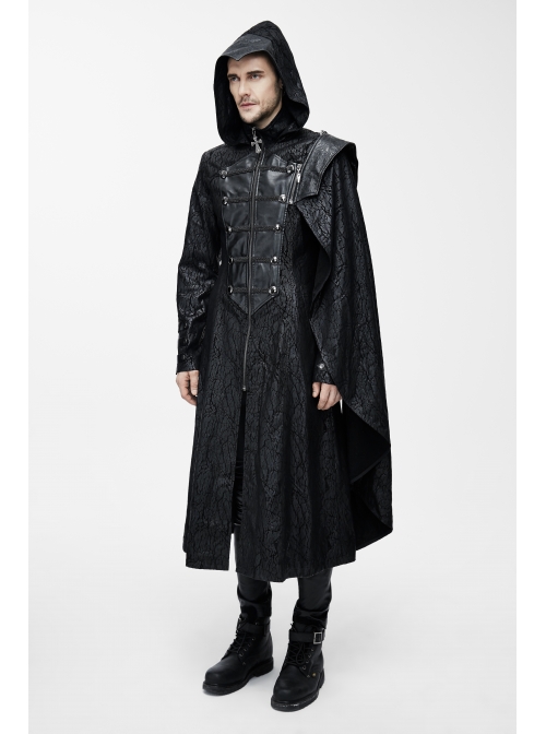 Punk Hooded Removeable One Side Shawl  Gothic Patterned Leather Collar Tree Patterned Glued Suede Men Black Coat