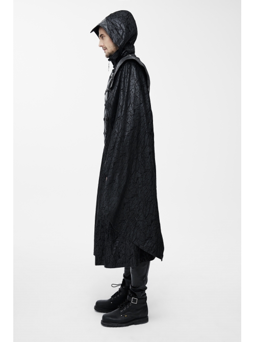 Punk Hooded Removeable One Side Shawl  Gothic Patterned Leather Collar Tree Patterned Glued Suede Men Black Coat