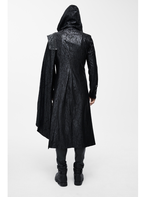 Punk Hooded Removeable One Side Shawl  Gothic Patterned Leather Collar Tree Patterned Glued Suede Men Black Coat