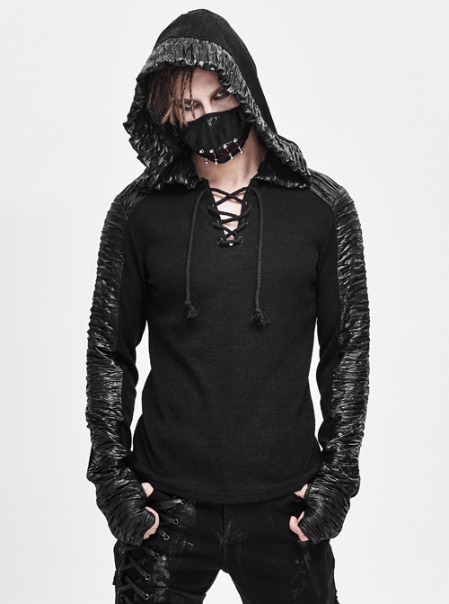 Vertical Stripes Woolen Splice Bright Crimped Fabric Chest Lace-Up Black Punk Hooded T-Shirt