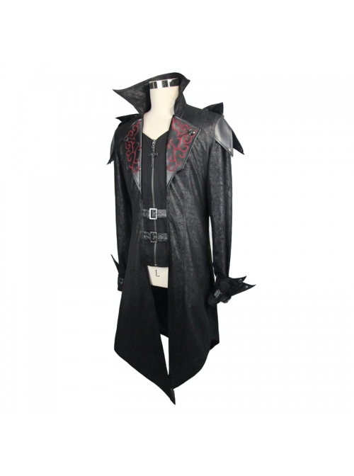 Punk Red Burnt Out Applique Collar Black Glued Suede False Two Pieces Men Removable Hooded Jacket