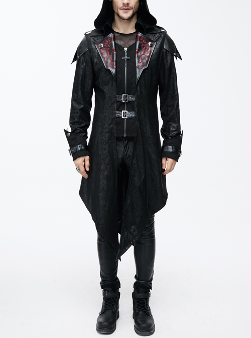 Punk Red Burnt Out Applique Collar Black Glued Suede False Two Pieces Men Removable Hooded Jacket