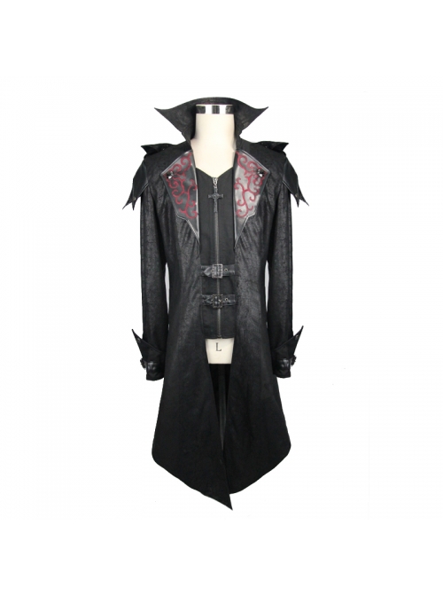 Punk Red Burnt Out Applique Collar Black Glued Suede False Two Pieces Men Removable Hooded Jacket