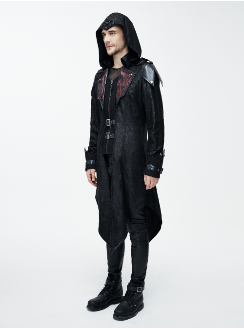 Punk Red Burnt Out Applique Collar Black Glued Suede False Two Pieces Men Removable Hooded Jacket