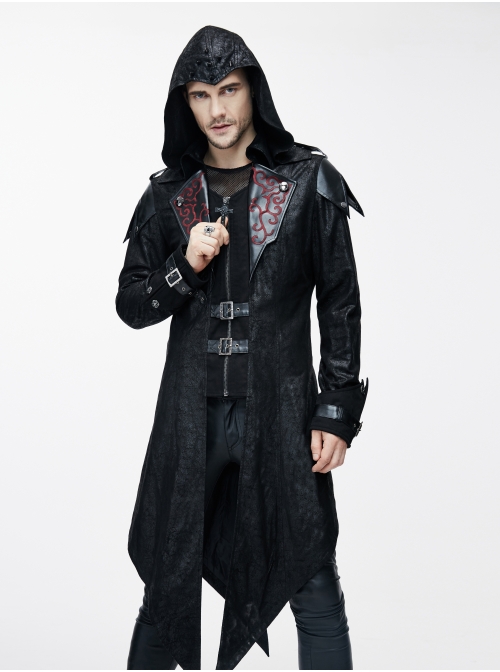 Punk Red Burnt Out Applique Collar Black Glued Suede False Two Pieces Men Removable Hooded Jacket
