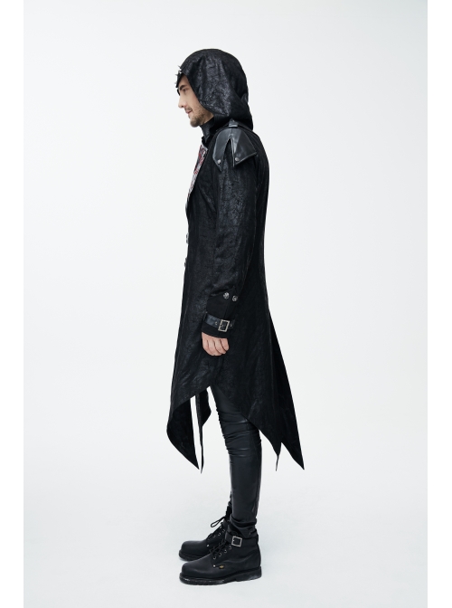 Punk Red Burnt Out Applique Collar Black Glued Suede False Two Pieces Men Removable Hooded Jacket