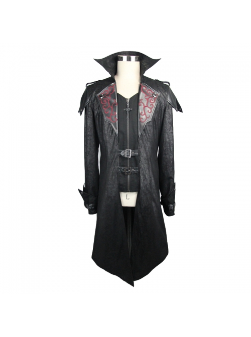 Punk Red Burnt Out Applique Collar Black Glued Suede False Two Pieces Men Removable Hooded Jacket
