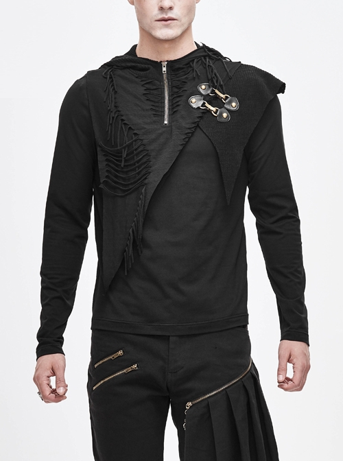 Asymmetric Tatters Strip Leather Metal Loop Hooded Black Punk T-Shirt