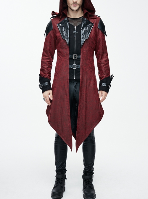 Punk Black Burnt Out Applique Collar Red Glued Suede False Two Pieces Men Removable Hooded Jacket