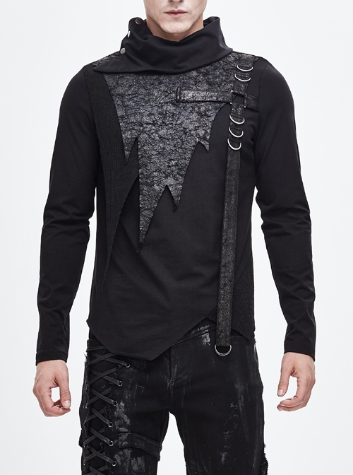 Worn-Out Cross-Shaped Hasp High Collar Asymmetric Hem Black Punk T-Shirt