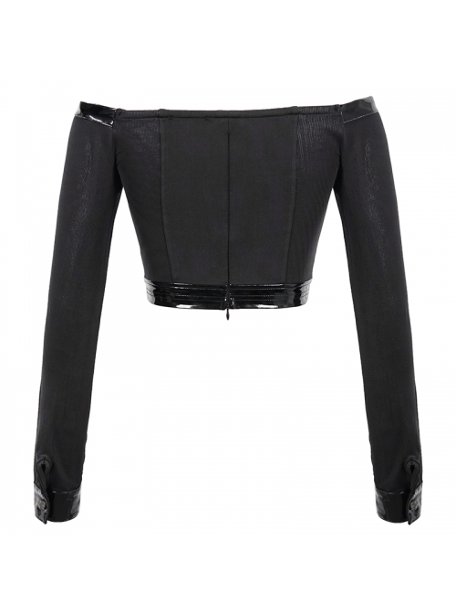Black Twill Off-Shoulder Chest Lace-Up Long Sleeve Splice Patent Leather Waist Seal Punk Short T-Shirt
