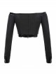 Black Twill Off-Shoulder Chest Lace-Up Long Sleeve Splice Patent Leather Waist Seal Punk Short T-Shirt