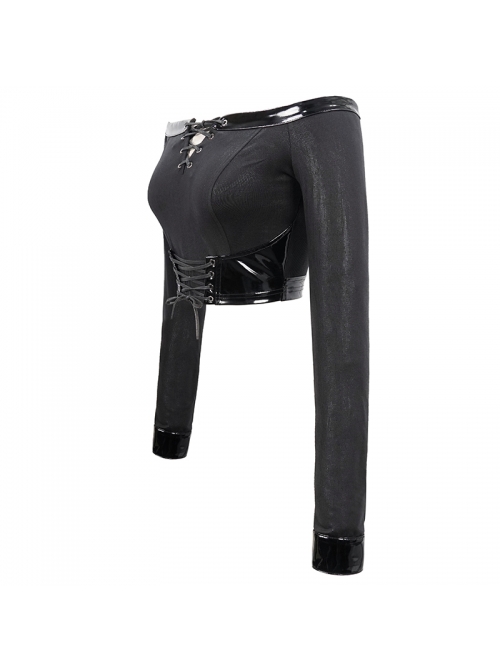Black Twill Off-Shoulder Chest Lace-Up Long Sleeve Splice Patent Leather Waist Seal Punk Short T-Shirt