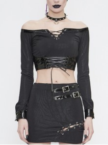 Black Twill Off-Shoulder Chest Lace-Up Long Sleeve Splice Patent Leather Waist Seal Punk Short T-Shirt