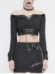 Black Twill Off-Shoulder Chest Lace-Up Long Sleeve Splice Patent Leather Waist Seal Punk Short T-Shirt