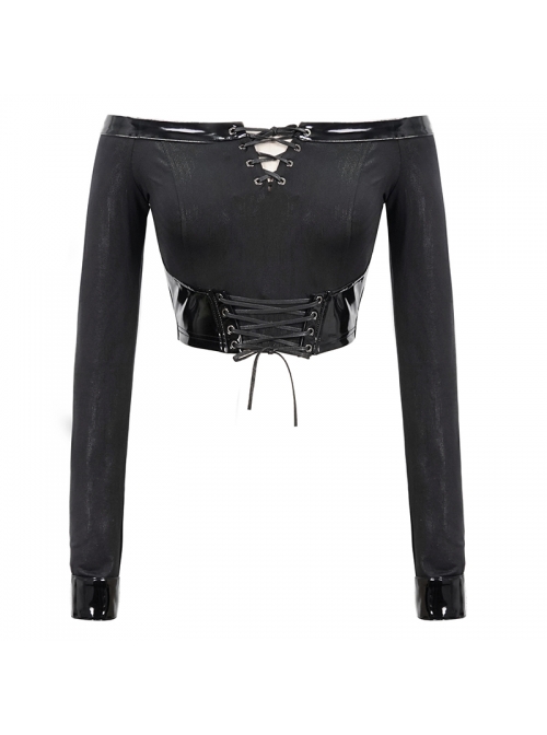 Black Twill Off-Shoulder Chest Lace-Up Long Sleeve Splice Patent Leather Waist Seal Punk Short T-Shirt