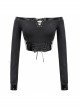 Black Twill Off-Shoulder Chest Lace-Up Long Sleeve Splice Patent Leather Waist Seal Punk Short T-Shirt