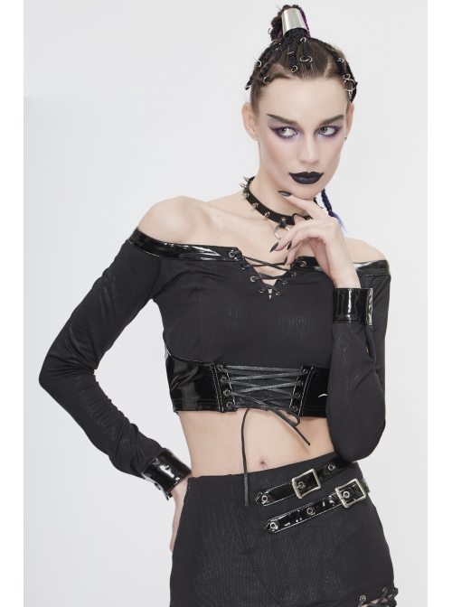 Black Twill Off-Shoulder Chest Lace-Up Long Sleeve Splice Patent Leather Waist Seal Punk Short T-Shirt