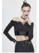 Black Twill Off-Shoulder Chest Lace-Up Long Sleeve Splice Patent Leather Waist Seal Punk Short T-Shirt