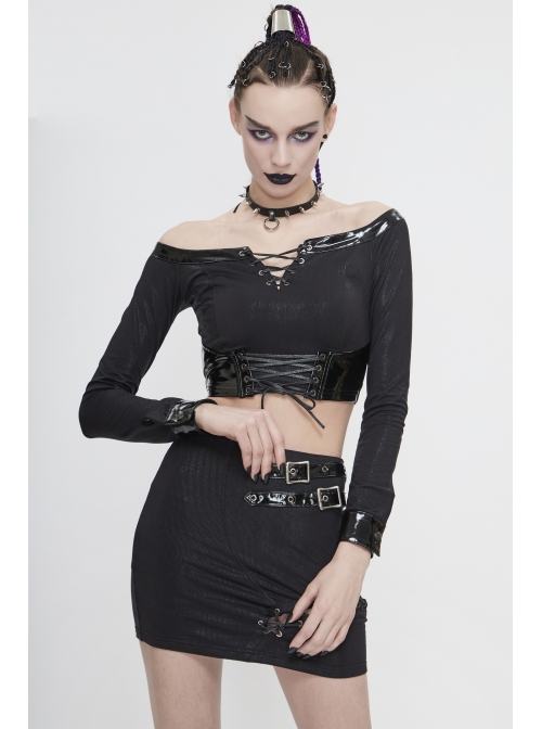 Black Twill Off-Shoulder Chest Lace-Up Long Sleeve Splice Patent Leather Waist Seal Punk Short T-Shirt