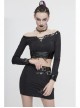 Black Twill Off-Shoulder Chest Lace-Up Long Sleeve Splice Patent Leather Waist Seal Punk Short T-Shirt
