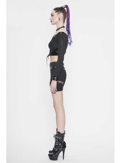 Black Twill Off-Shoulder Chest Lace-Up Long Sleeve Splice Patent Leather Waist Seal Punk Short T-Shirt