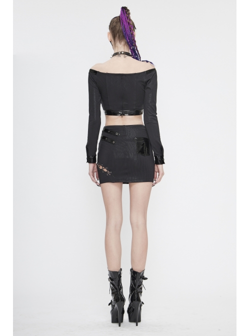 Black Twill Off-Shoulder Chest Lace-Up Long Sleeve Splice Patent Leather Waist Seal Punk Short T-Shirt