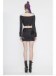 Black Twill Off-Shoulder Chest Lace-Up Long Sleeve Splice Patent Leather Waist Seal Punk Short T-Shirt