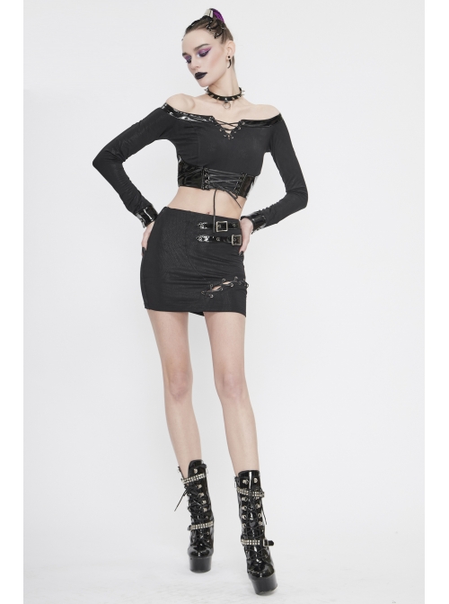 Black Twill Off-Shoulder Chest Lace-Up Long Sleeve Splice Patent Leather Waist Seal Punk Short T-Shirt