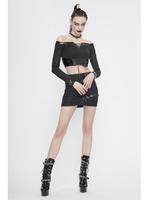 Black Twill Off-Shoulder Chest Lace-Up Long Sleeve Splice Patent Leather Waist Seal Punk Short T-Shirt