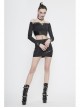 Black Twill Off-Shoulder Chest Lace-Up Long Sleeve Splice Patent Leather Waist Seal Punk Short T-Shirt