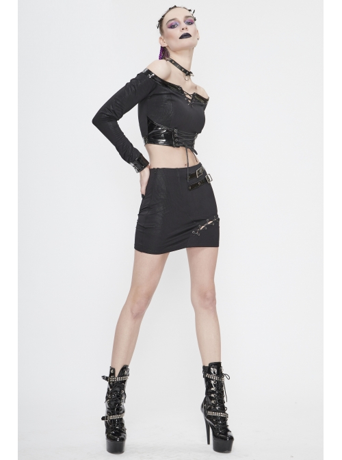 Black Twill Off-Shoulder Chest Lace-Up Long Sleeve Splice Patent Leather Waist Seal Punk Short T-Shirt