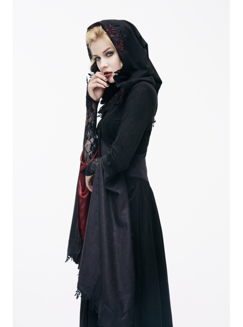 Gothic Lace Big Horn Sleeve Pointed Hat Suede Velveteen Floral Lady Tunic Voluminous Skirt wine red Satin hat black Coats