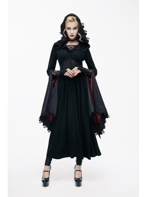 Gothic Lace Big Horn Sleeve Pointed Hat Suede Velveteen Floral Lady Tunic Voluminous Skirt wine red Satin hat black Coats