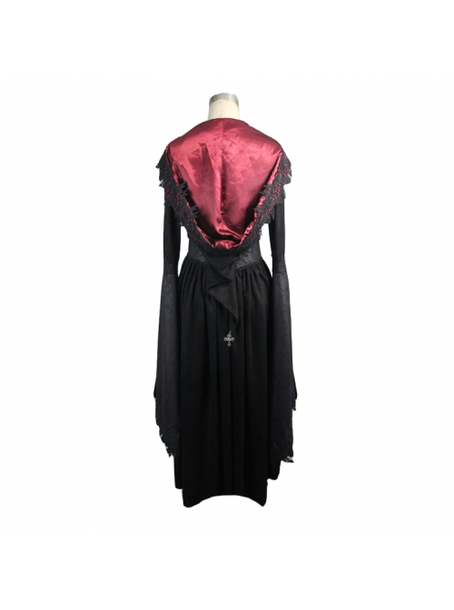 Gothic Lace Big Horn Sleeve Pointed Hat Suede Velveteen Floral Lady Tunic Voluminous Skirt wine red Satin hat black Coats