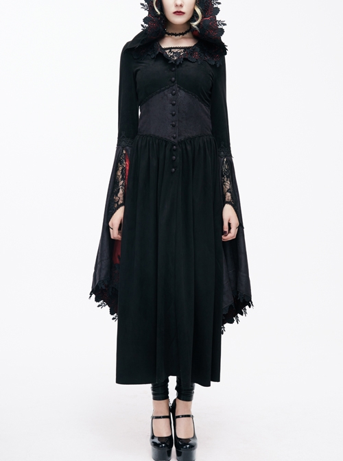 Gothic Lace Big Horn Sleeve Pointed Hat Suede Velveteen Floral Lady Tunic Voluminous Skirt wine red Satin hat black Coats