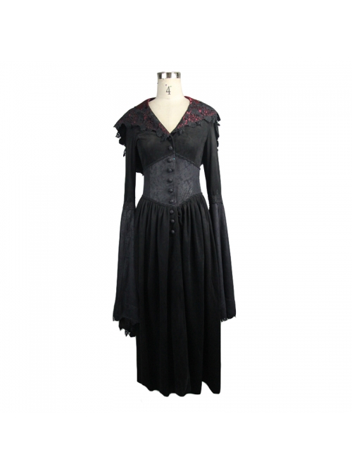 Gothic Lace Big Horn Sleeve Pointed Hat Suede Velveteen Floral Lady Tunic Voluminous Skirt wine red Satin hat black Coats