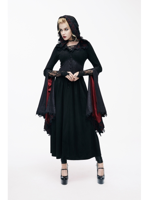 Gothic Lace Big Horn Sleeve Pointed Hat Suede Velveteen Floral Lady Tunic Voluminous Skirt wine red Satin hat black Coats