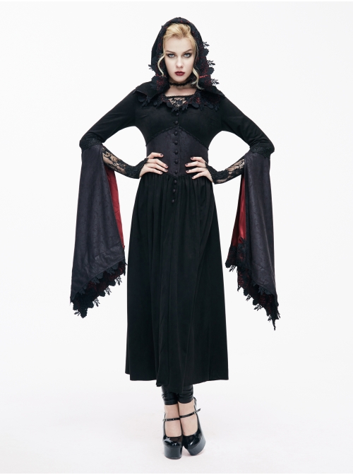 Gothic Lace Big Horn Sleeve Pointed Hat Suede Velveteen Floral Lady Tunic Voluminous Skirt wine red Satin hat black Coats