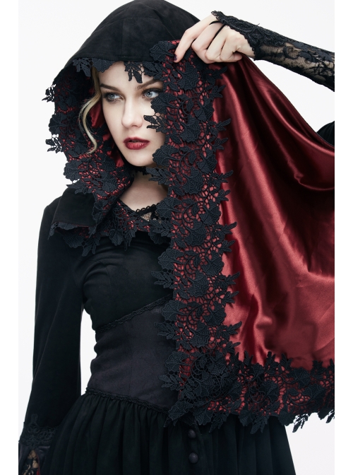 Gothic Lace Big Horn Sleeve Pointed Hat Suede Velveteen Floral Lady Tunic Voluminous Skirt wine red Satin hat black Coats