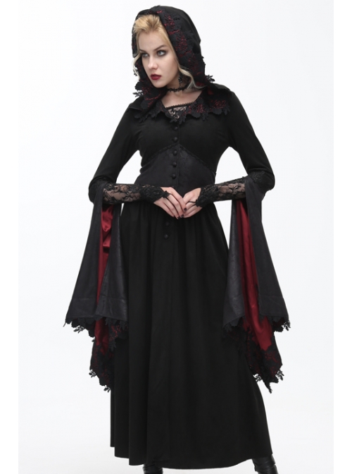 Gothic Lace Big Horn Sleeve Pointed Hat Suede Velveteen Floral Lady Tunic Voluminous Skirt wine red Satin hat black Coats