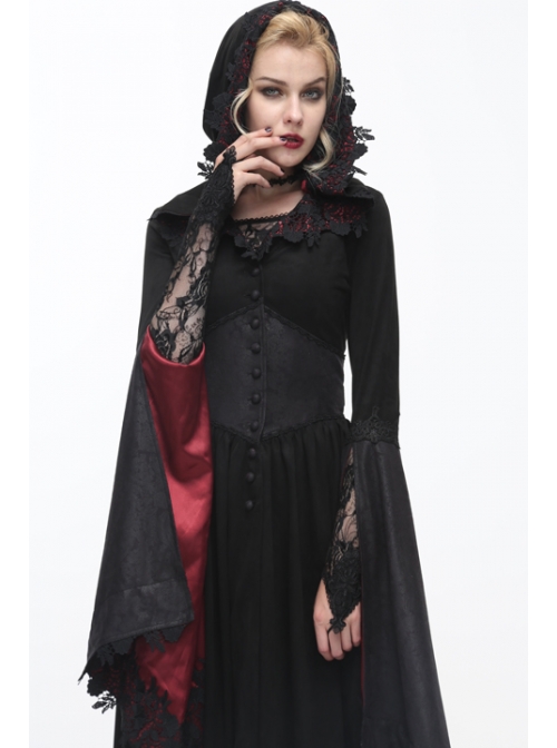 Gothic Lace Big Horn Sleeve Pointed Hat Suede Velveteen Floral Lady Tunic Voluminous Skirt wine red Satin hat black Coats