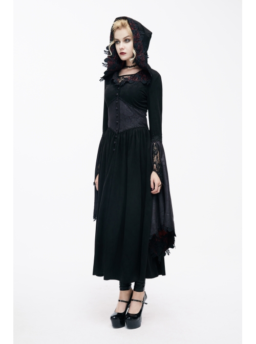 Gothic Lace Big Horn Sleeve Pointed Hat Suede Velveteen Floral Lady Tunic Voluminous Skirt wine red Satin hat black Coats