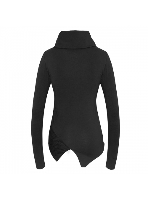 Worn-Out Cross-Shaped Hasp High Collar Long Sleeve Asymmetric Hem Black Punk T-Shirt
