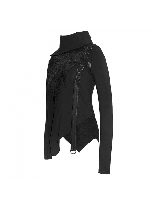 Worn-Out Cross-Shaped Hasp High Collar Long Sleeve Asymmetric Hem Black Punk T-Shirt