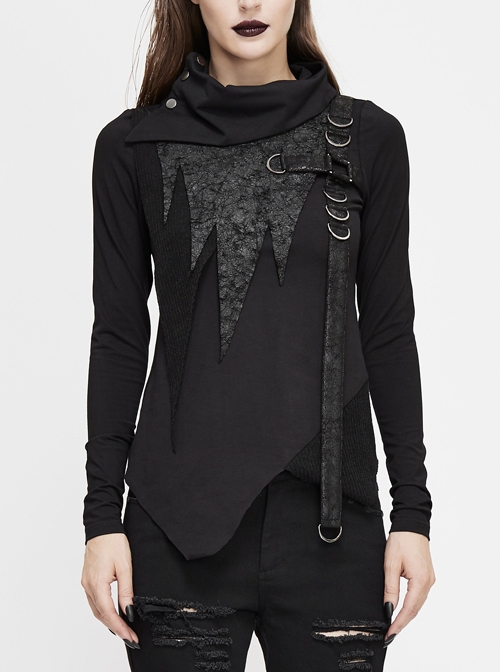Worn-Out Cross-Shaped Hasp High Collar Long Sleeve Asymmetric Hem Black Punk T-Shirt