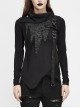 Worn-Out Cross-Shaped Hasp High Collar Long Sleeve Asymmetric Hem Black Punk T-Shirt